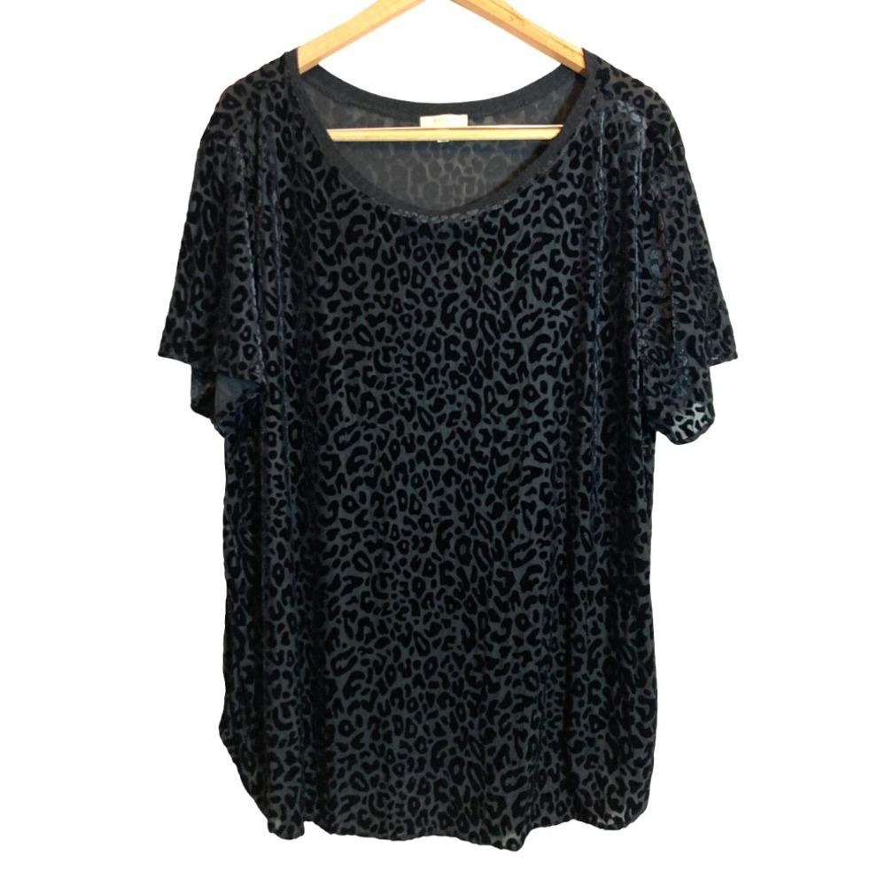 KORI AMERICA PLUS Black Velvet Burn-Out LEOPARD PRINT TOP Semi-Sheer Tunic XL